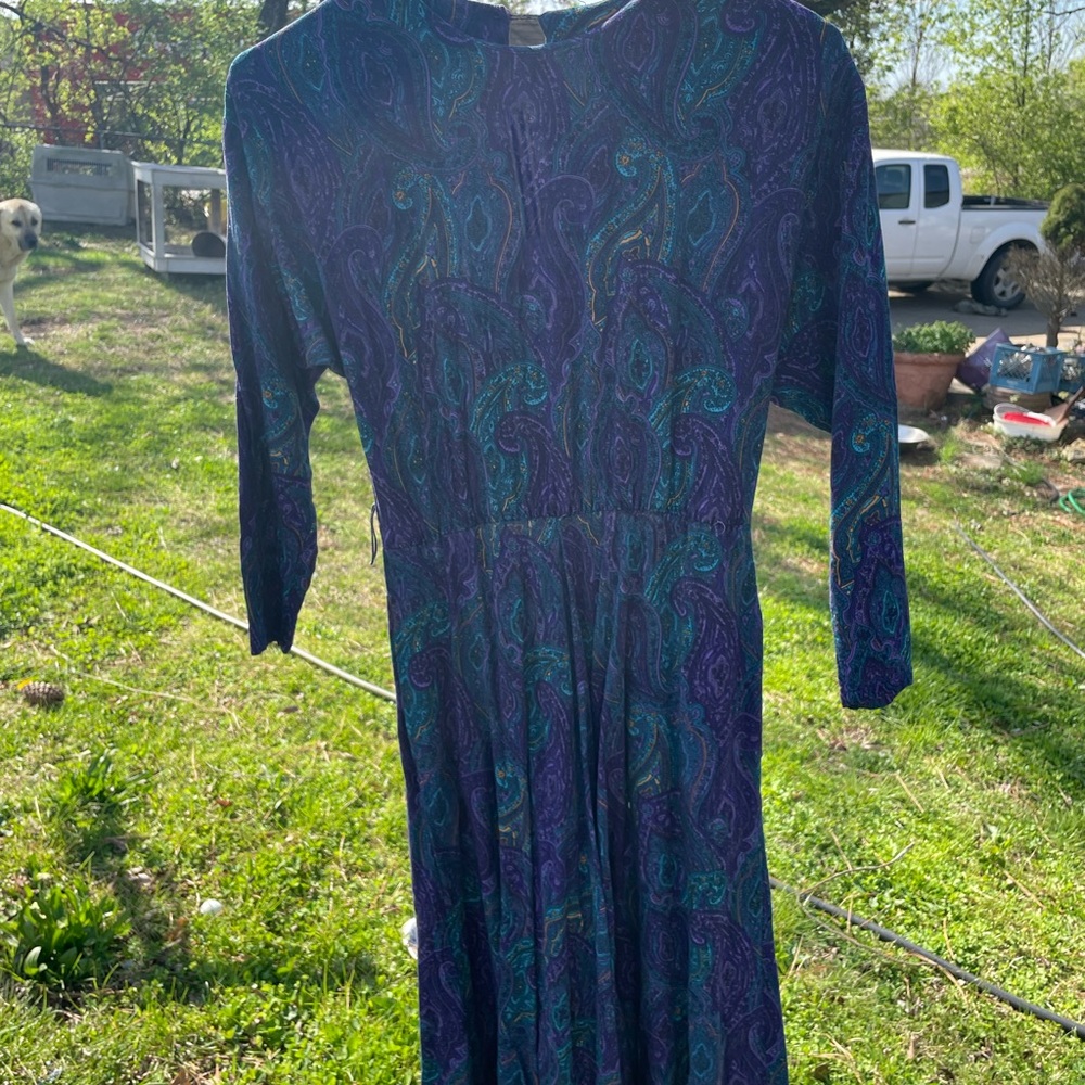 Vintage cottagecore Elegant Paisley Dress in Blue and Green